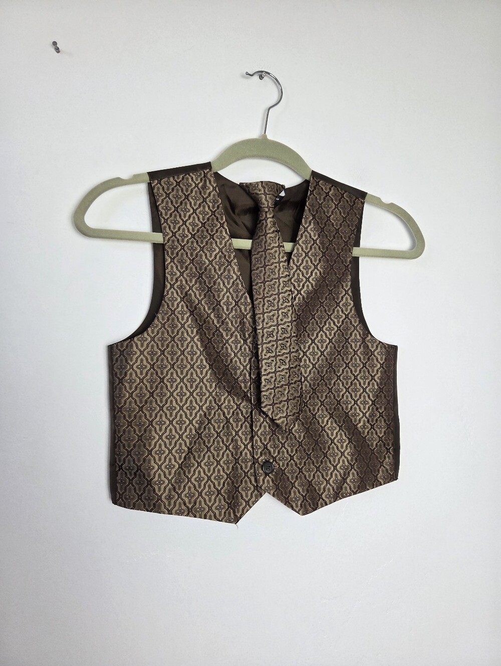 Boys Size 7 Vest And Tie Set Gold Brown Church Formal Wedding Event Preppy